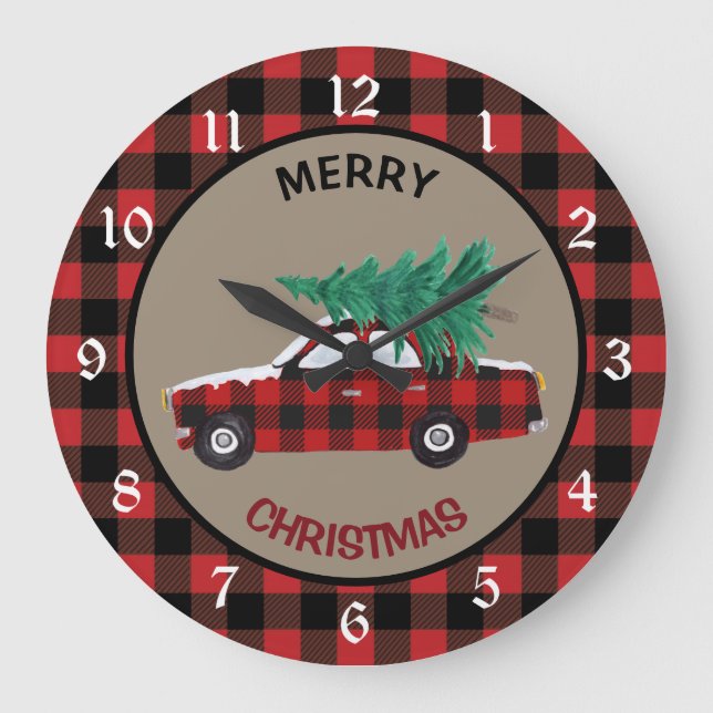 Buffalo Plaid Christmas Car Große Wanduhr (Vorderseite)