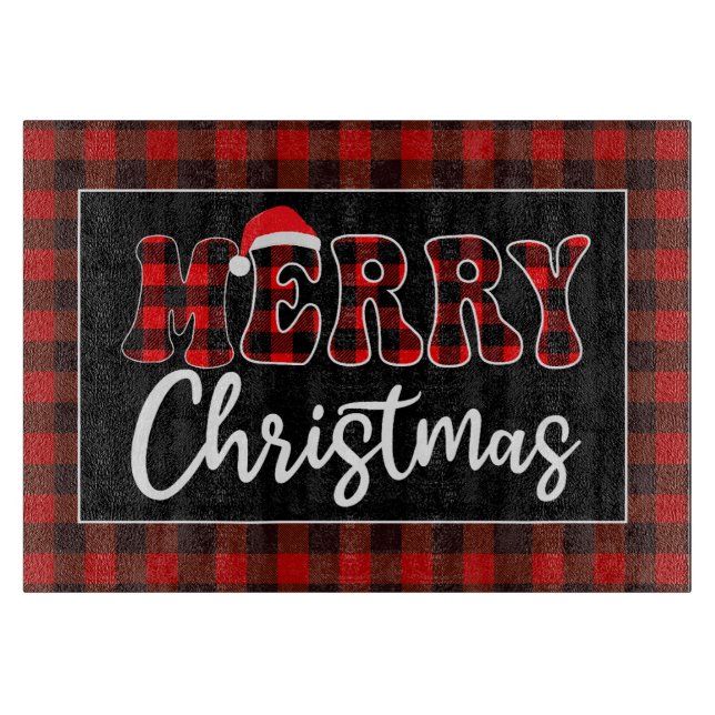 Buffalo Plaid Christmas Greeting with Santa Hat Schneidebrett (Vorderseite)