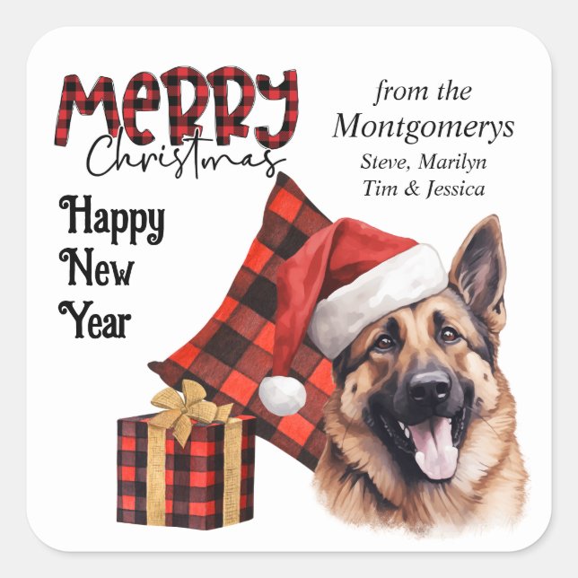 Buffalo Plaid German Shepherd Dog Christmas Quadratischer Aufkleber (Vorderseite)