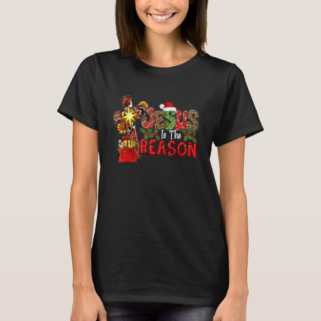 Buffalo Plaid Leopard Jesus Is The Reason Christma T-Shirt (Vorderseite)