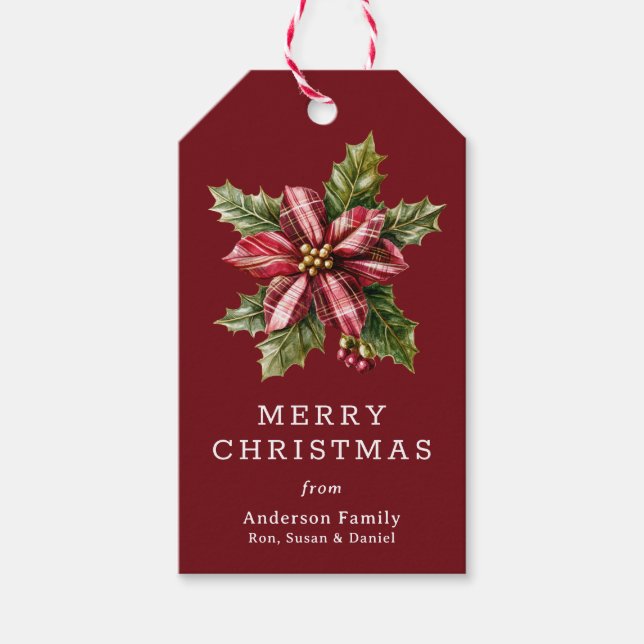 Buffalo Plaid Poinsettia Floral Custom Christmas  Geschenkanhänger (Vorderseite)