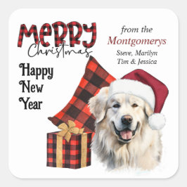 Buffalo Plaid Santa Hat Great Pyrenees Dog Quadratischer Aufkleber