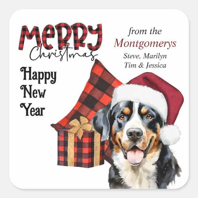 Buffalo Plaid Santa Hat Swiss Mountain Dog Quadratischer Aufkleber (Vorderseite)