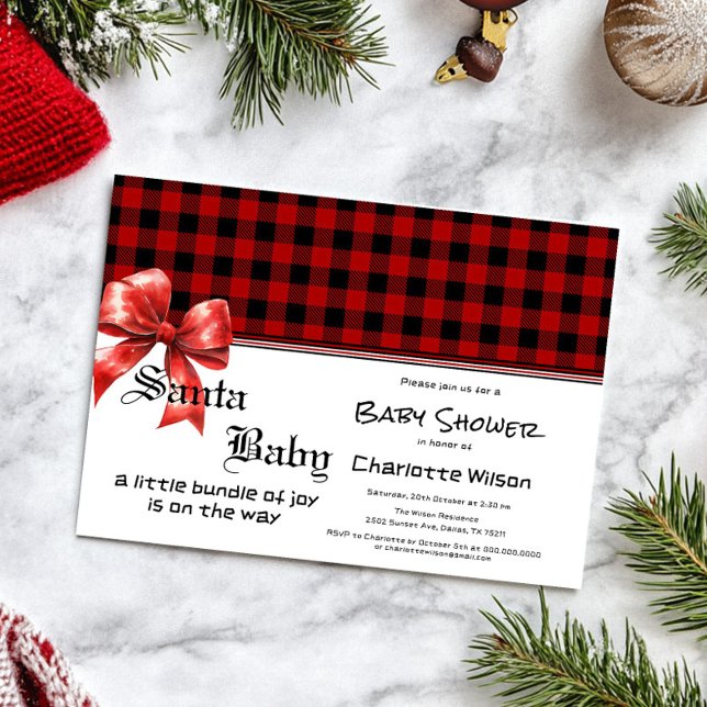 Buffalo Plaid Watercolor Red Bow Baby Shower Einladung (Von Creator hochgeladen)