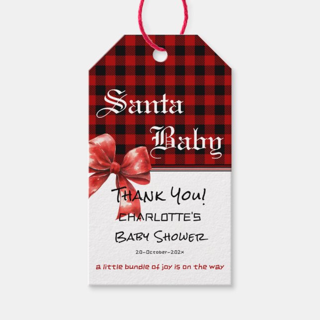 Buffalo Plaid Watercolor Red Bow Baby Shower Geschenkanhänger (Vorderseite)