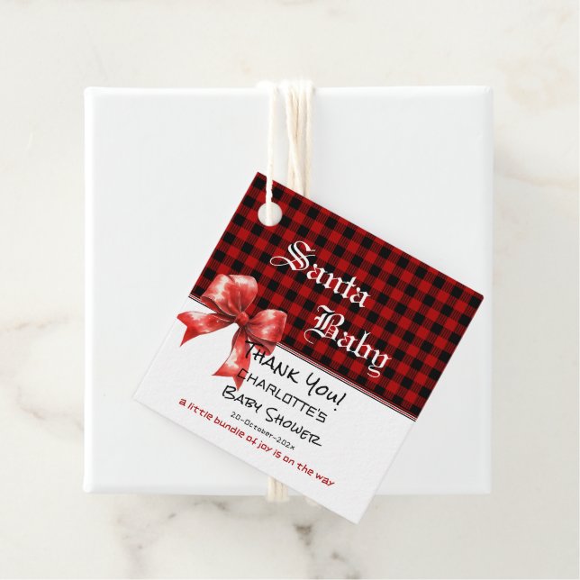 Buffalo Plaid Watercolor Red Bow Baby Shower Geschenkanhänger (Beispiel)