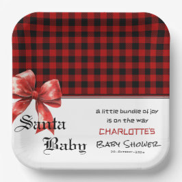Buffalo Plaid Watercolor Red Bow Baby Shower Pappteller