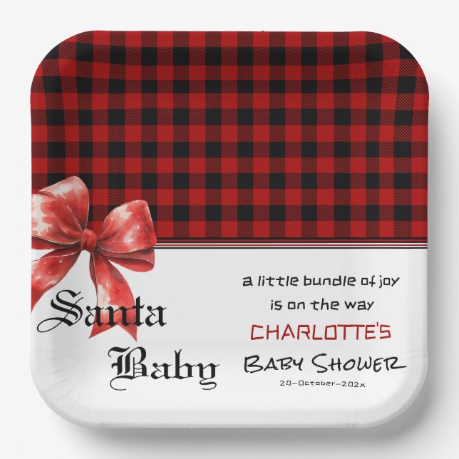 Buffalo Plaid Watercolor Red Bow Baby Shower Pappteller (Vorderseite)