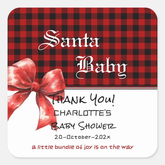Buffalo Plaid Watercolor Red Bow Baby Shower Quadratischer Aufkleber (Vorderseite)