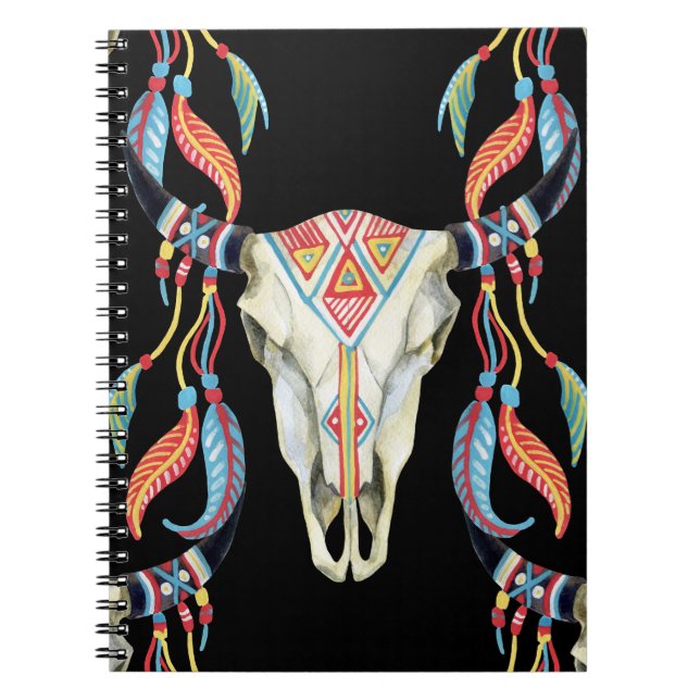 Buffalo Skull: Aquarellfarbener schwarzer Hintergr Notizblock (Vorderseite)