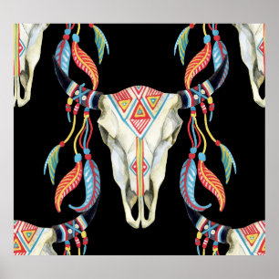 Buffalo Skull: Aquarellfarbener schwarzer Hintergr Poster