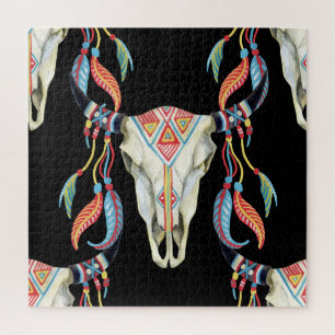 Buffalo Skull: Aquarellfarbener schwarzer Hintergr Puzzle