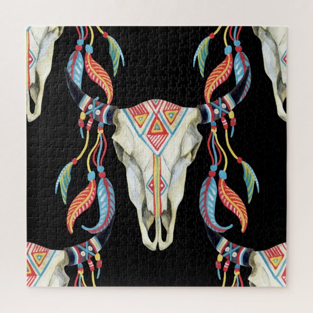 Buffalo Skull: Aquarellfarbener schwarzer Hintergr Puzzle (Vertikal)