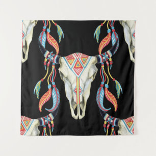 Buffalo Skull: Aquarellfarbener schwarzer Hintergr Wandteppich