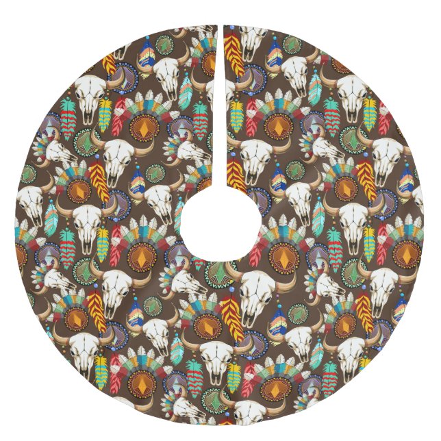 Buffalo Skull Native American Emblem Polyester Weihnachtsbaumdecke (Vorderseite)