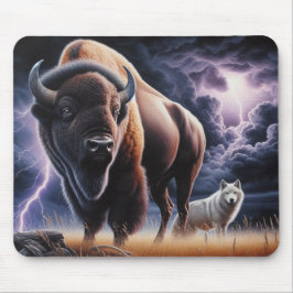 Buffalo und Wolf im Gewitter mit Blitzen Mousepad