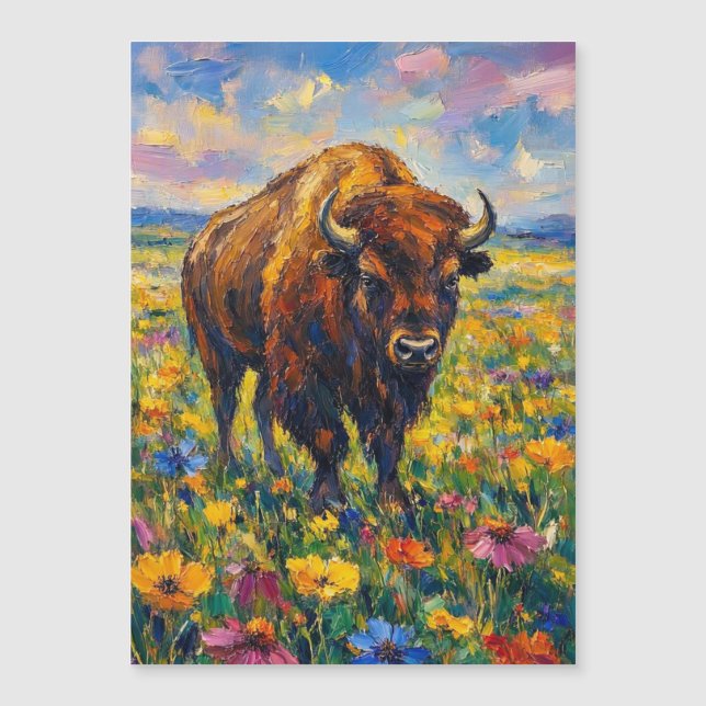 Büffel auf Wildblumenfeld Abstrakte Kunstmalerei Magnetkarte (Vorderseite)