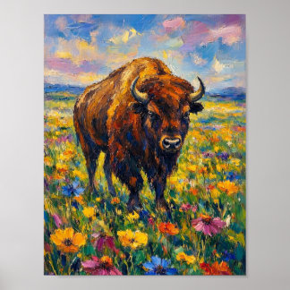 Büffel auf Wildblumenfeld Abstrakte Kunstmalerei Poster