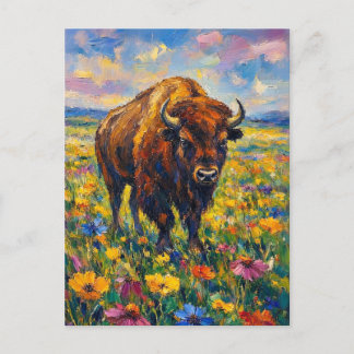 Büffel auf Wildblumenfeld Abstrakte Kunstmalerei Postkarte