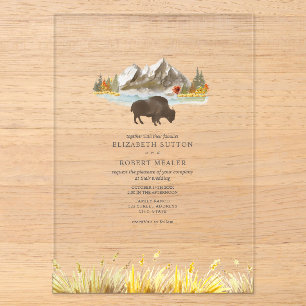 Büffel-Bison-Aquarell-Berge-Herbst-Hochzeit Acryleinladungen