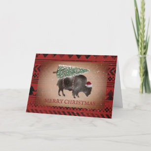 Büffel Bison Santa Schnee Frohe Weihnachten Geomet