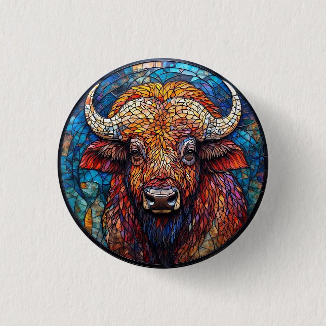 Büffel-Buntglas-Kunstwerk Button (Vorderseite)