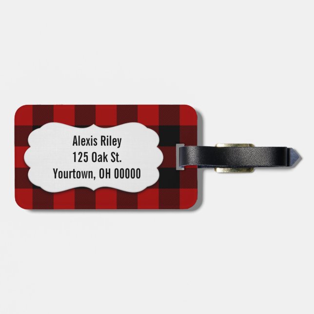 Büffel in Rot und Schwarz kariert Gepäckanhänger (Rückseite horizontal)