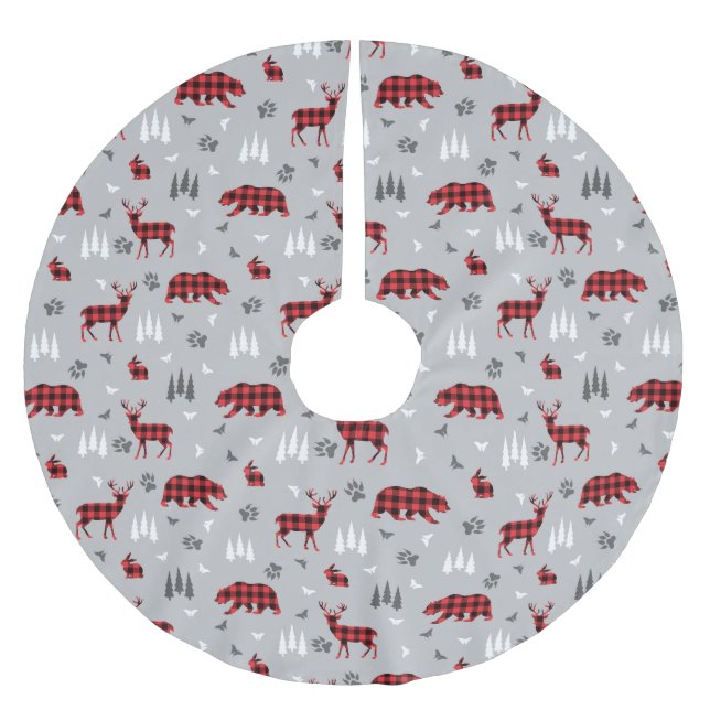 Büffel-Karo-Waldtiere-Muster Polyester Weihnachtsbaumdecke (Vorderseite)