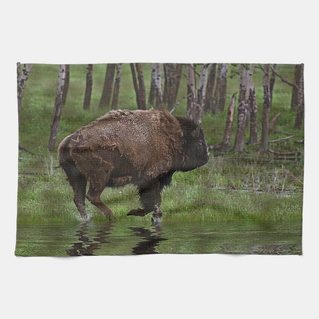 Büffel und Wald, Bison-Liebhaber Design Handtuch (Horizontal)