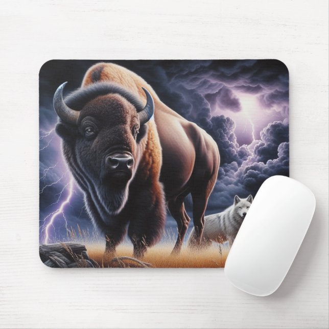 Büffel und Wolf Gewitter Blitz Wildnis Mousepad (Mit Mouse)