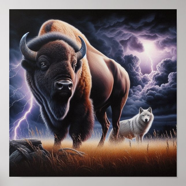 Büffel und Wolf in einem Gewitter mit Blitz Poster (Vorne)