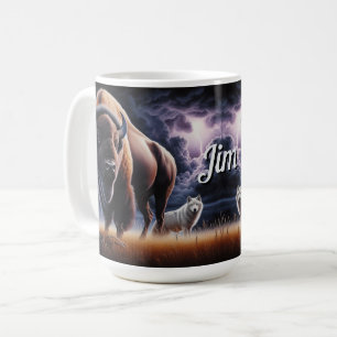 Büffel und Wolf in einem Gewitter mit Blitzschlag Kaffeetasse