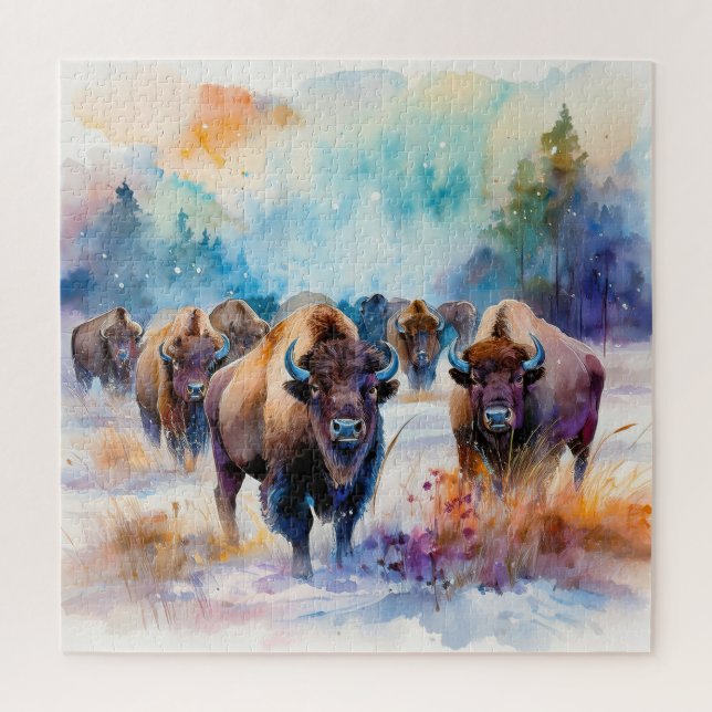 Büffelherde im Schnee in Aquarell Puzzle (Vertikal)