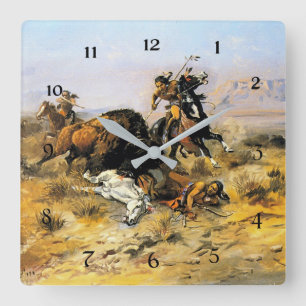 “Büffeljagd” Cowboy-Kunst von Charles Russell Quadratische Wanduhr