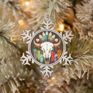 Büffelschädel-Emblem der amerikanischen Ureinwohne Schneeflocken Zinn-Ornament