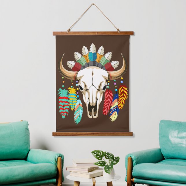 Büffelschädel-Emblem der amerikanischen Ureinwohne Wandteppich Mit Holzrahmen (Wohnzimmer)