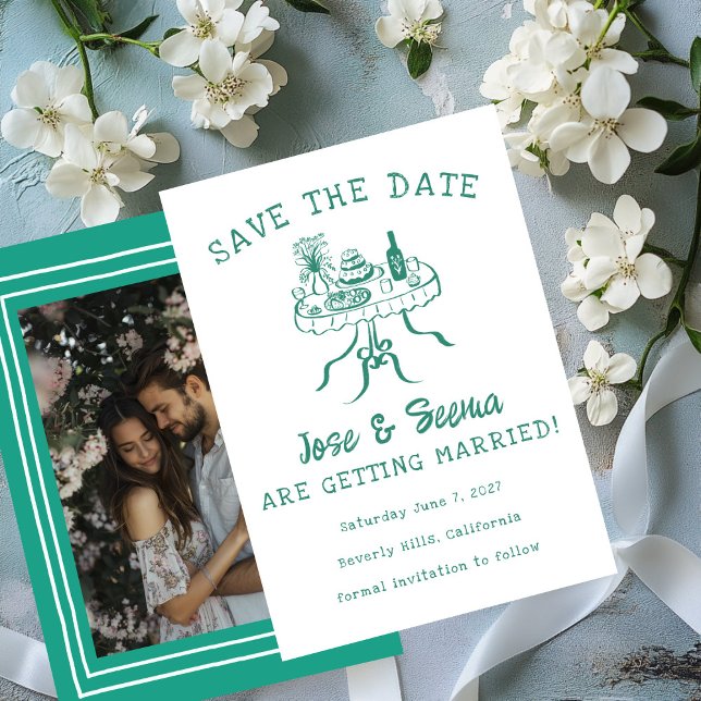 Buffet Abendessen Tischhand gezeichnet Süßes Foto Save The Date (Buffet Dinner Table Hand Drawn Sweet Custom Photo Save The Date Card
)