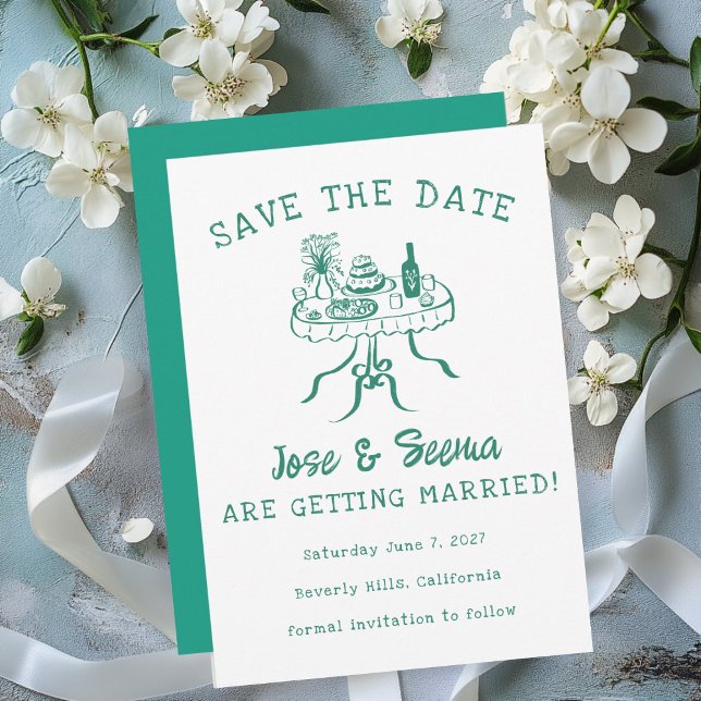 Büffet Abendtisch Hand Niedlich süß nach Maß gezog Save The Date (Buffet Dinner Table Hand Drawn Cute Sweet Green Custom Save The Date Card)