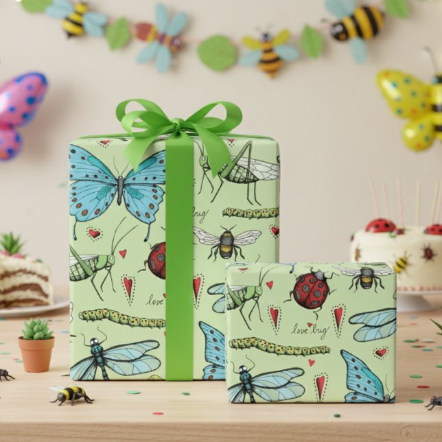 Bug Insekten der niedlichen grünen Liebe für Bug L Geschenkpapier (Cute Bugs Insects Wrapping Paper for Kids in Green. Butterflies, Dragonflies, Ladybugs, Bees, Worms)