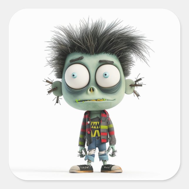 Bug-Mit Augen Benny - Quirky Zombie Kid Quadratischer Aufkleber (Vorderseite)