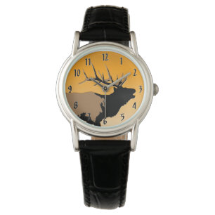 Bugling Bull Elch bei Sunset Original Wildlife Art Armbanduhr