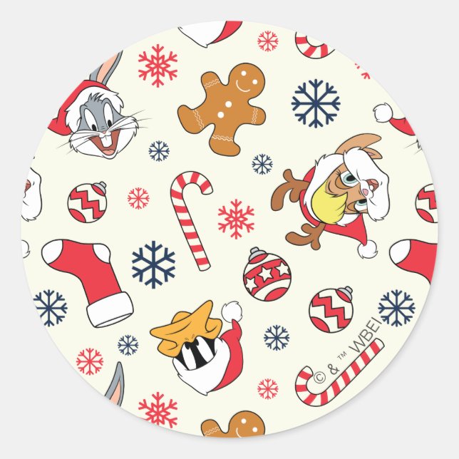 BUGS BUNNY™, DAFFY DUCK™ & Lola Christmas Pattern Runder Aufkleber (Vorderseite)