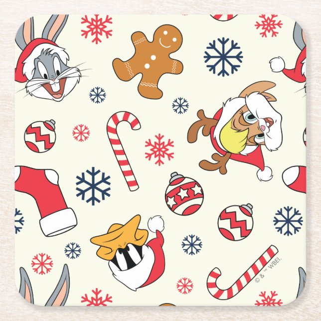 BUGS BUNNY™, DAFFY DUCK™ & Lola Weihnachtsmuster Rechteckiger Pappuntersetzer (Vorderseite)