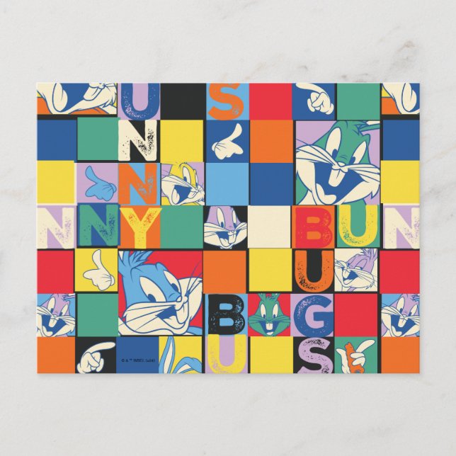 BUGS BUNNY™ Schachbrett mit farbenfrohen Namen und Postkarte (Vorderseite)