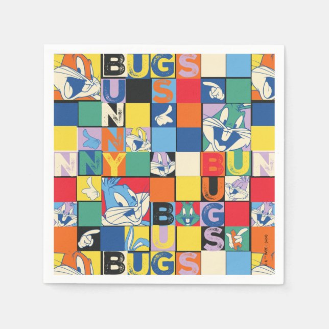 BUGS BUNNY™ Schachbrett mit farbenfrohen Namen und Serviette (Vorderseite)