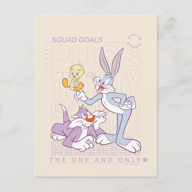 BUGS BUNNY™, TWEETY™, SYLVESTER™ Squad Goals Postkarte (Vorderseite)