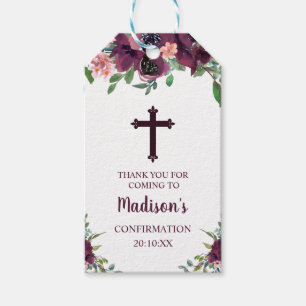 Bugundy Cross Floral Watercolor Bestätigung Geschenkanhänger