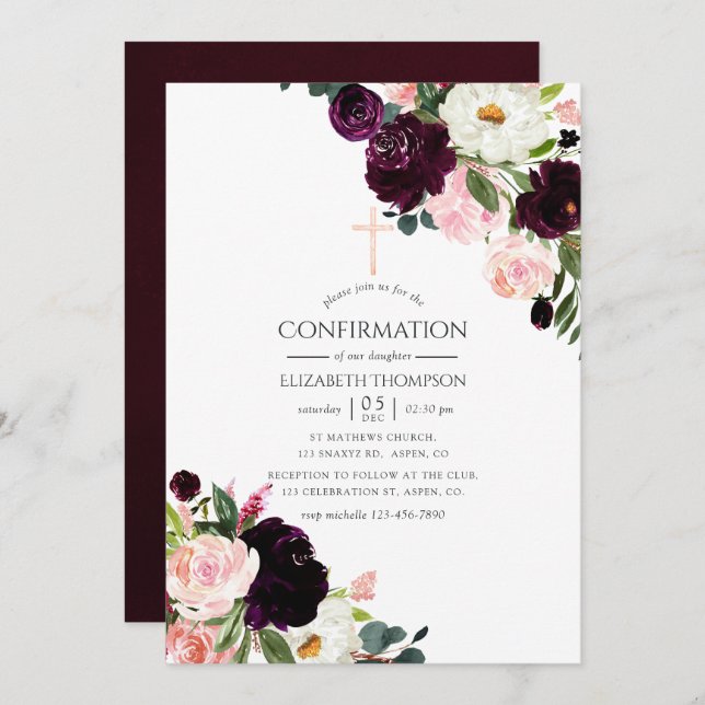Bugundy Plum und Blush Pink Floral Bestätigung Einladung (Vorne/Hinten)