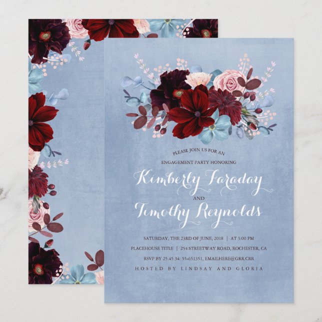 Bugundy und Dusty Blue Floral Engagement Party Einladung (Vorne/Hinten)