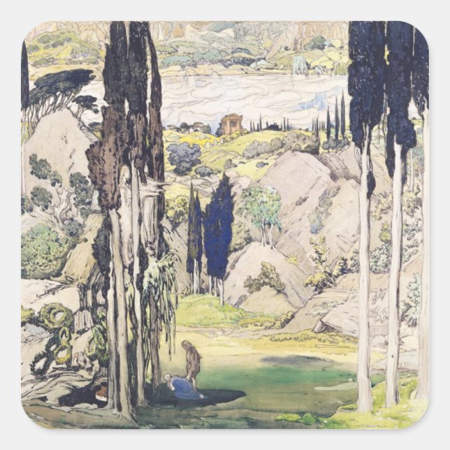 Bühne-Setentwurf für Tat I von 'Daphnis und Quadratischer Aufkleber (Vorderseite)